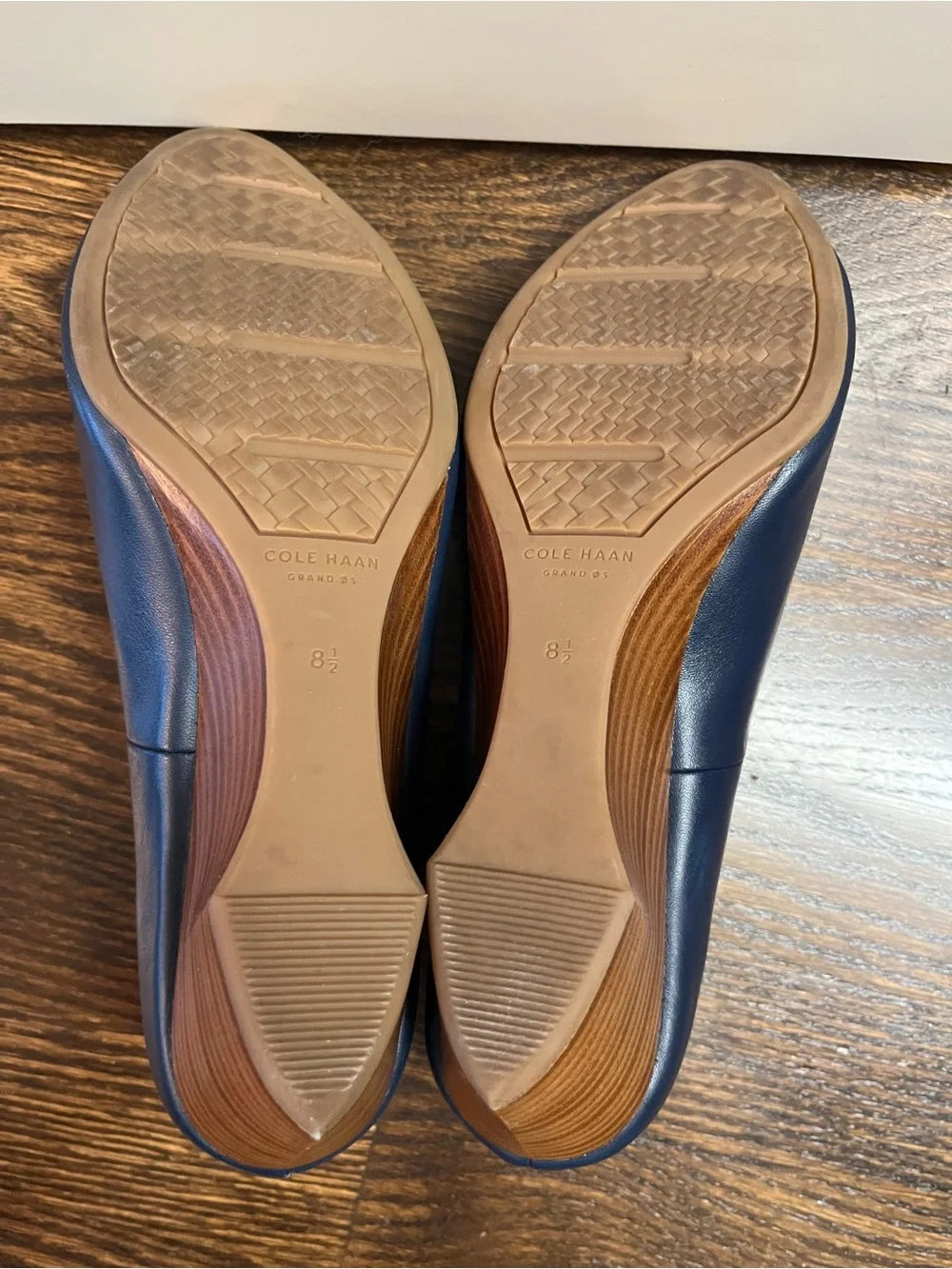 Cole Haan Navy Leather Peep-Toe Heels, size 8.5
